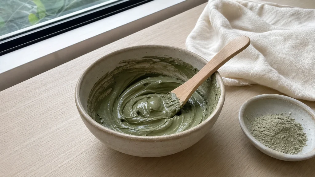 Bol en céramique contenant un masque visage à l’argile verte et spatule en bois