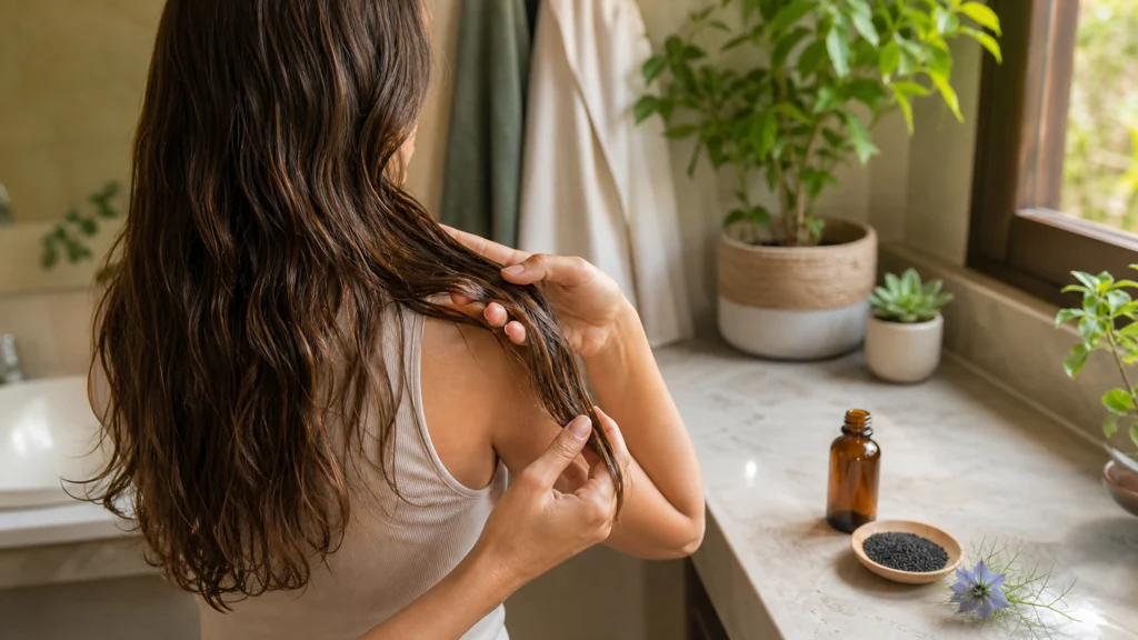 Personne appliquant de l’huile de nigelle sur les longueurs de ses cheveux