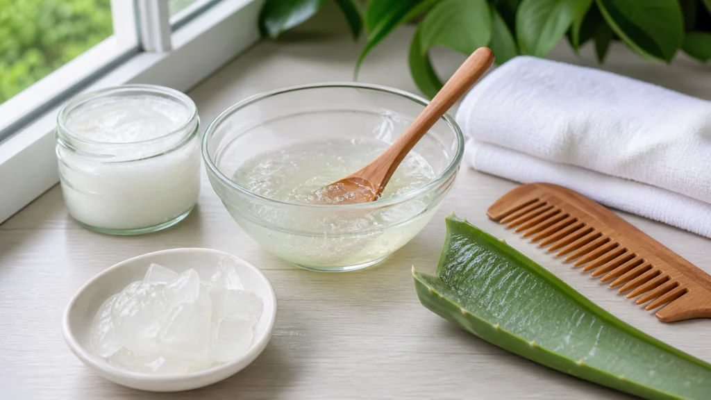 Préparation d’un masque cheveux maison avec du gel d’aloe vera frais
