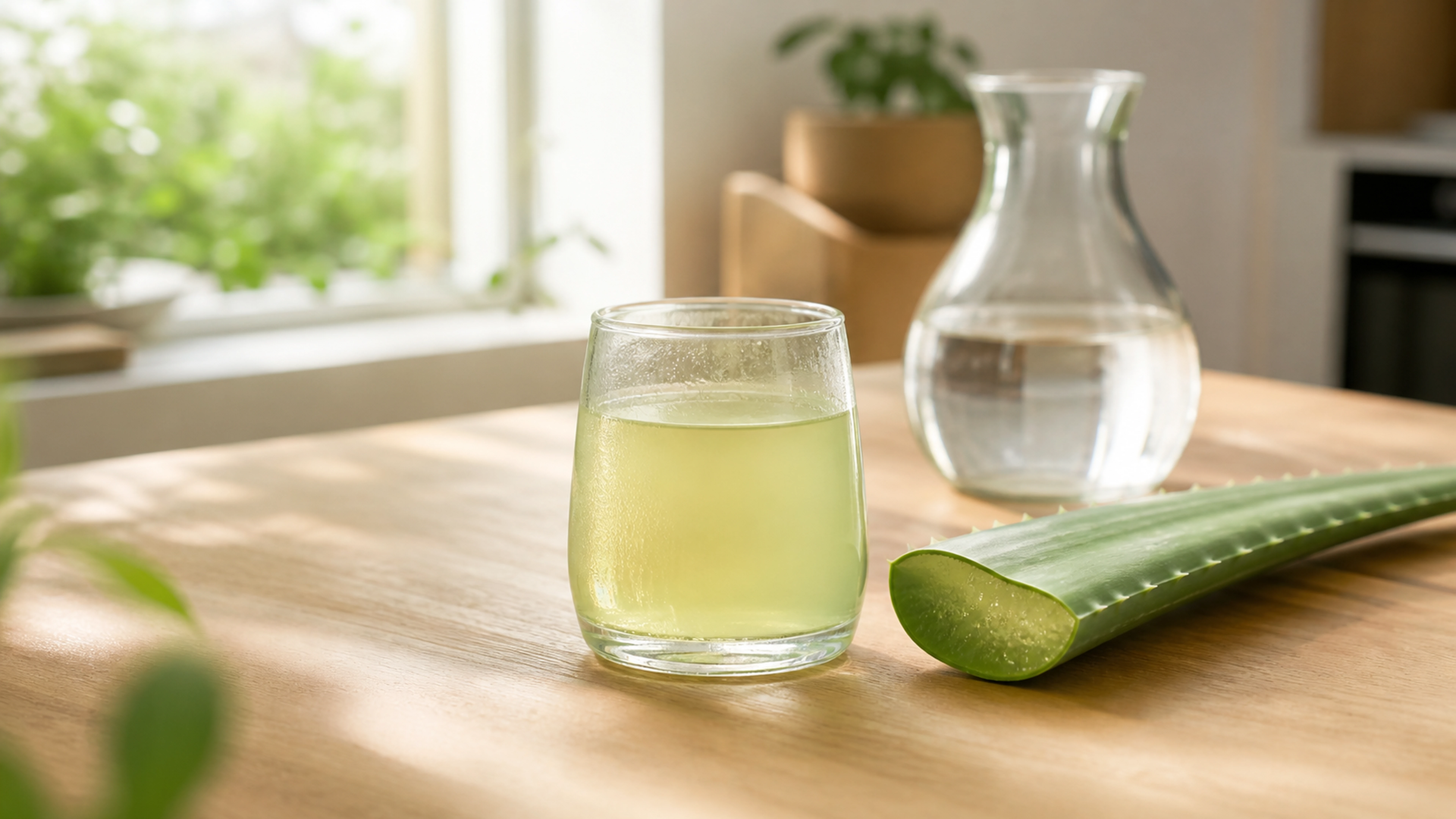 Verre de jus d’aloe vera près d’une feuille fraîche sur une table