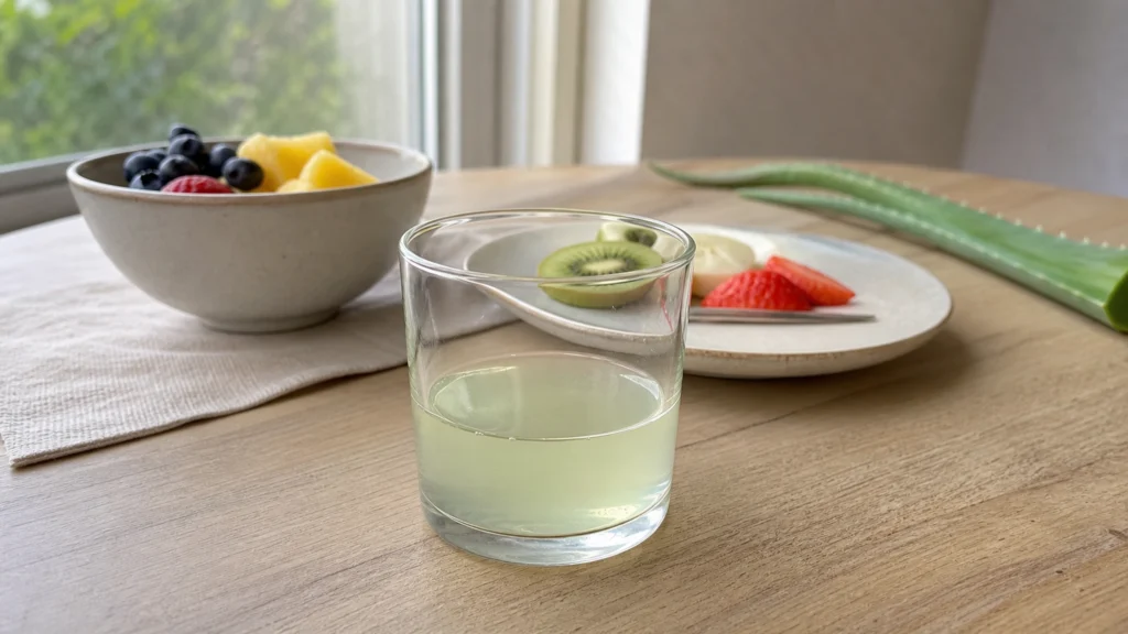 Petit verre de jus d’aloe vera devant un petit-déjeuner intact