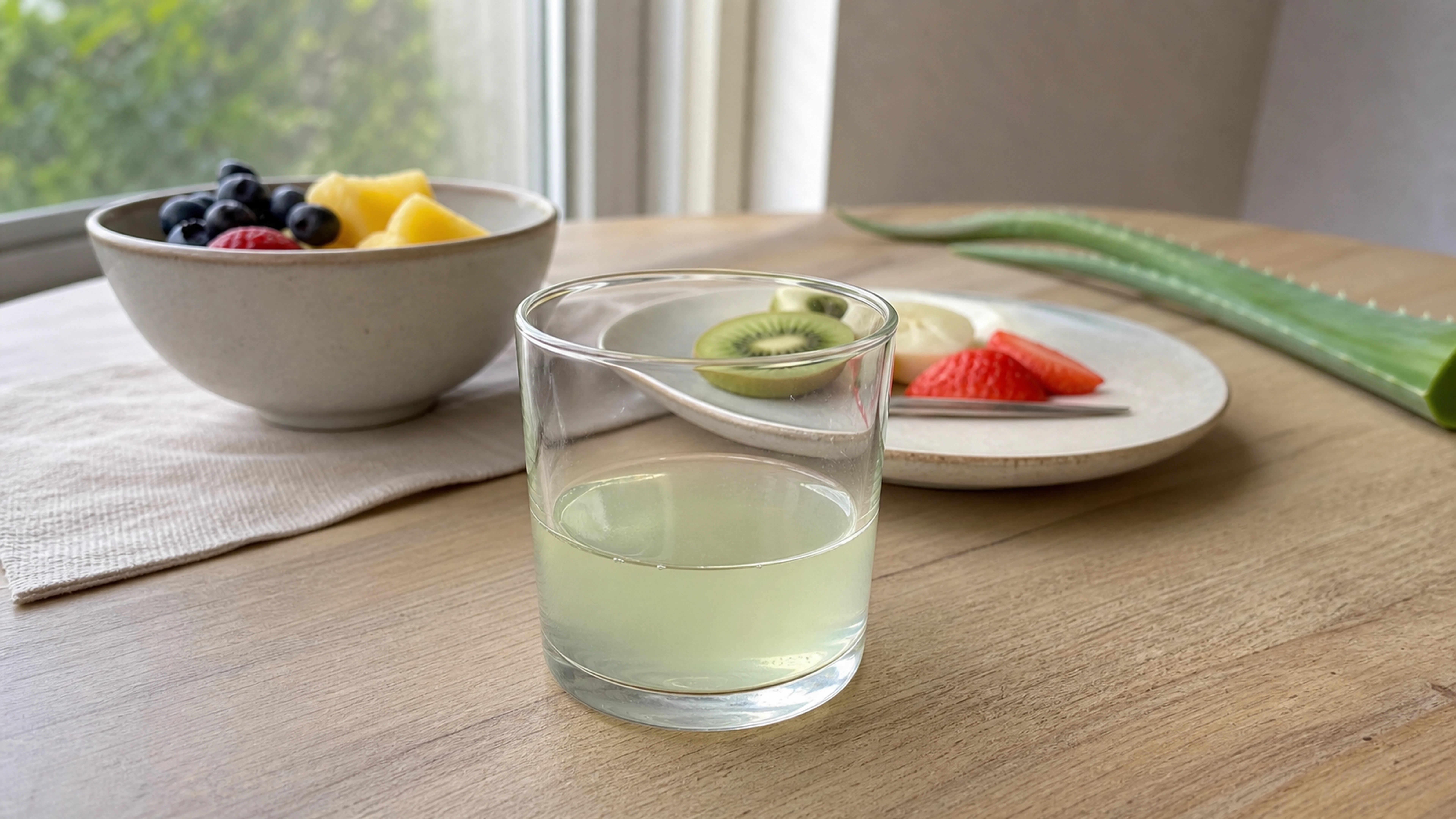 Petit verre de jus d’aloe vera devant un petit-déjeuner intact