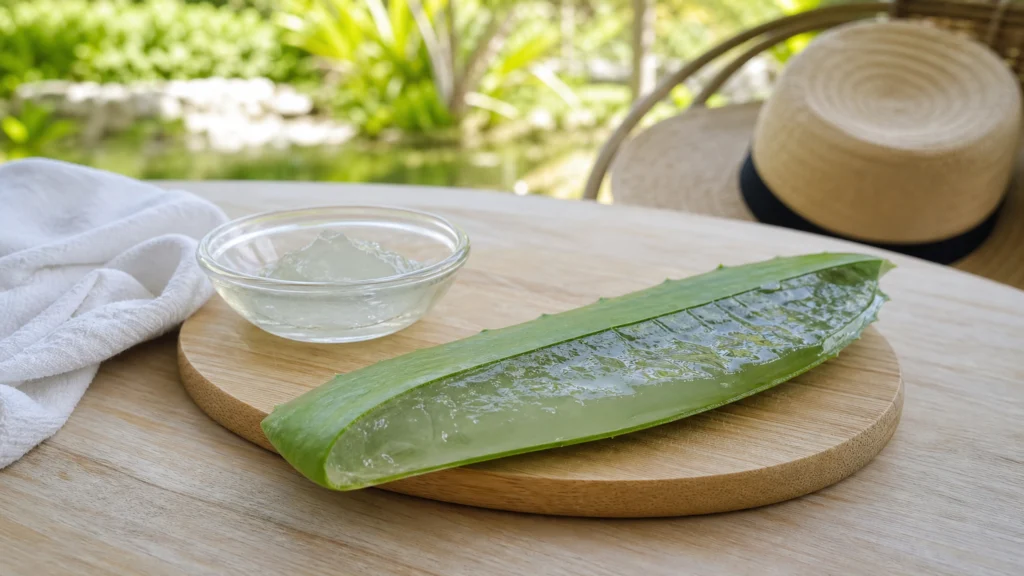 Gel d’aloe vera frais dans une scène de soin après-soleil à l’ombre