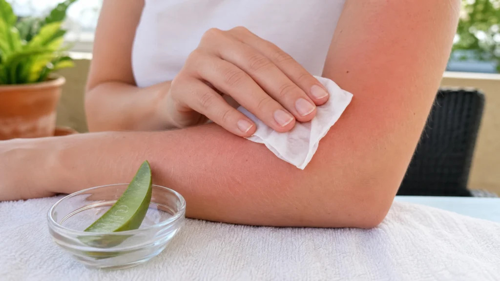 Compresse fraîche sur un avant-bras légèrement rougi par le soleil à l’ombre