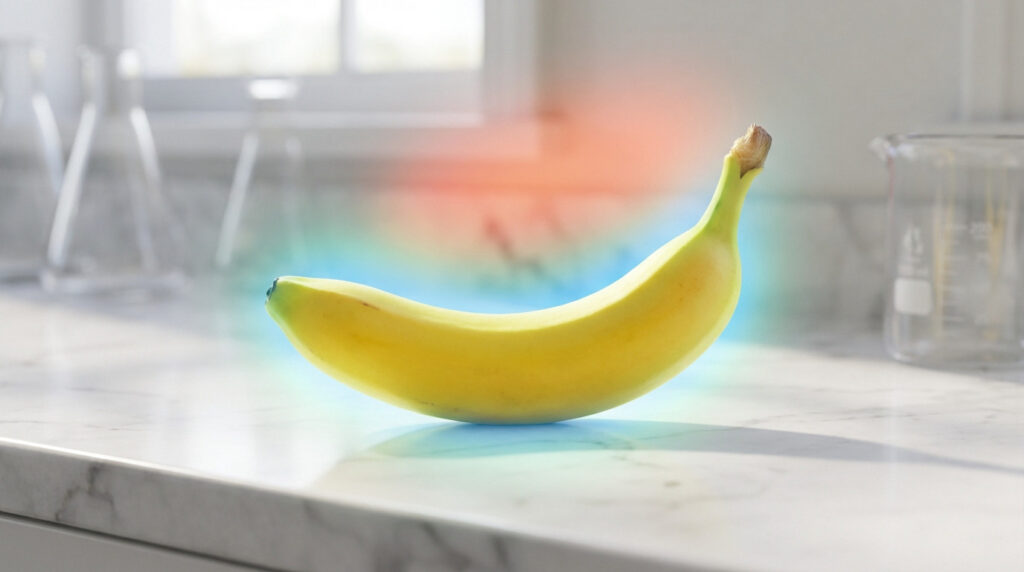 Vibrant yellow banana with a blue-green alkaline aura on marble, contrasting with a faint red background and blurred lab glassware.