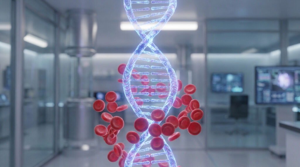 Luminous blue-violet DNA helix with abundant crimson red blood cells, set against a softly blurred, modern scientific lab background.