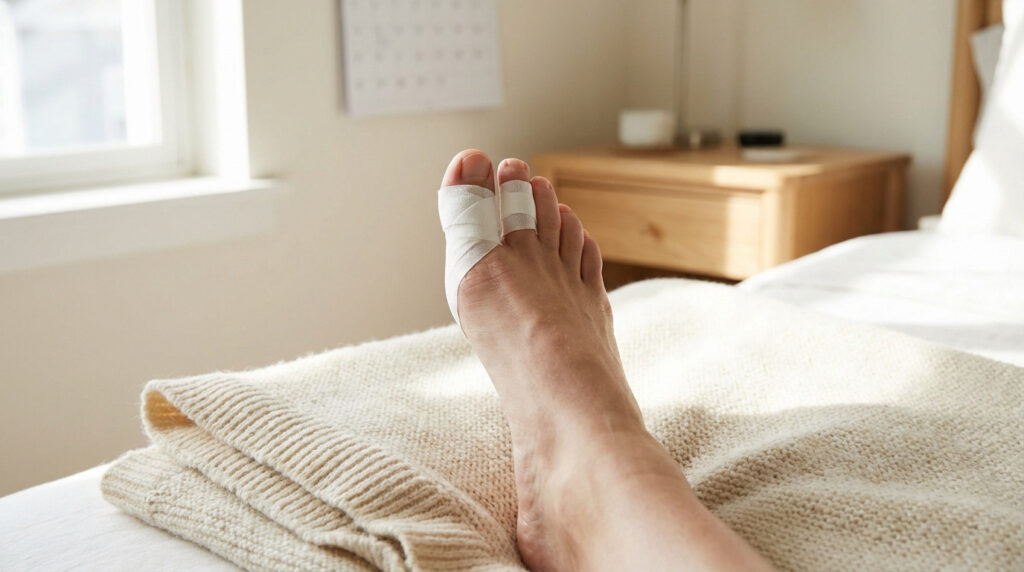 Anonymous foot with buddy-taped big toe on a cream blanket. Blurred sunlit room background, soft light, peaceful healing.