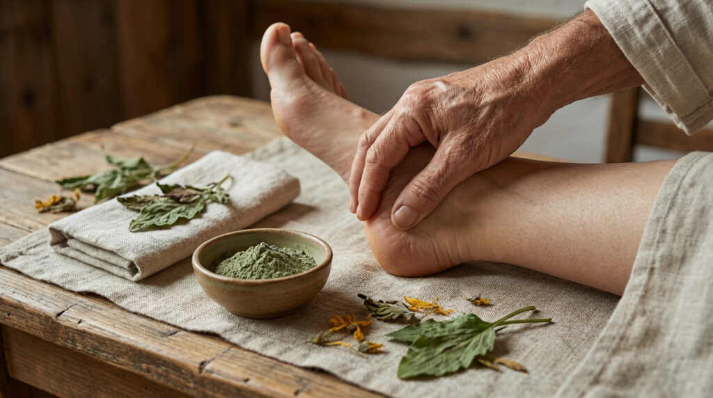 Gentle hands massage a bare heel surrounded by natural remedies: green healing clay, dried herbs, and a fabric compress on a rustic table.