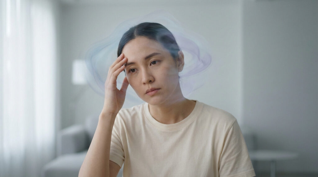 A person with a pensive expression, hand to forehead, surrounded by ethereal blue/lavender mist, in a soft-lit, minimalist room.