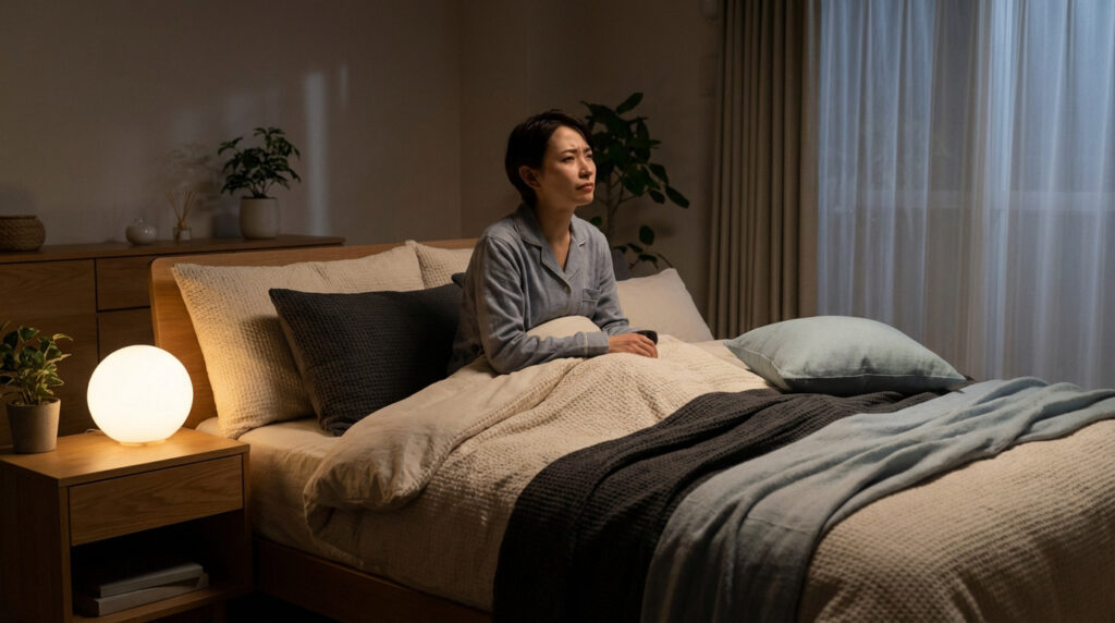 A woman sits upright in a modern, serene bedroom at night, looking contemplatively at a warm bedside lamp. Soft lighting, textured bedding.