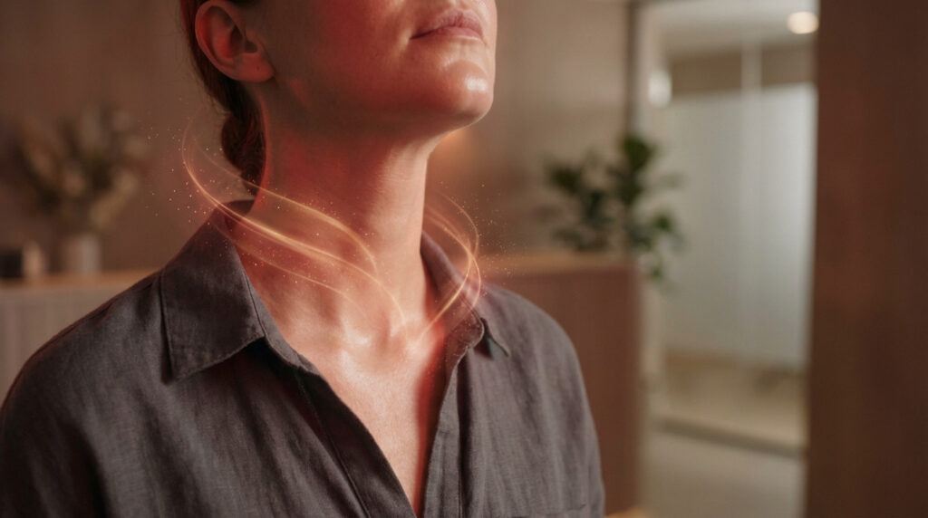 Close-up of a person's neck and chest bathed in soft red light. Golden energy streaks illustrate vitality, set in a blurred wellness environment.