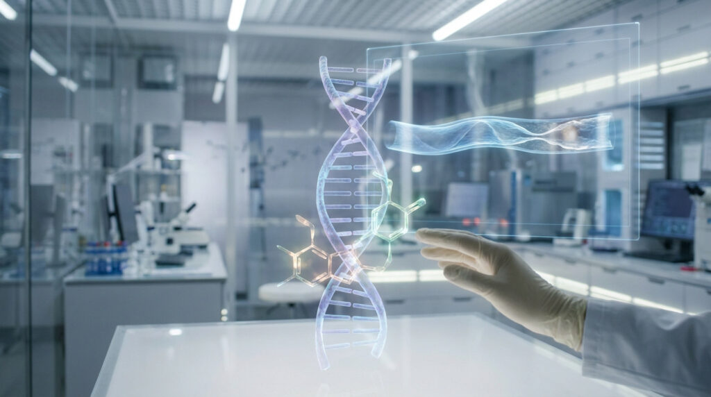 Gloved hand near glowing DNA and homocysteine models in a clean lab. Holographic display shows a blood vessel with thrombosis.