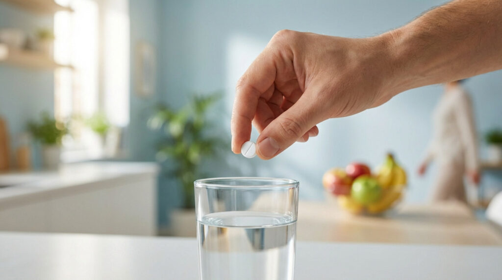 A hand gently holds a white pill over a clear glass of water. Bright, clean, blurred background with fruit and a distant figure.