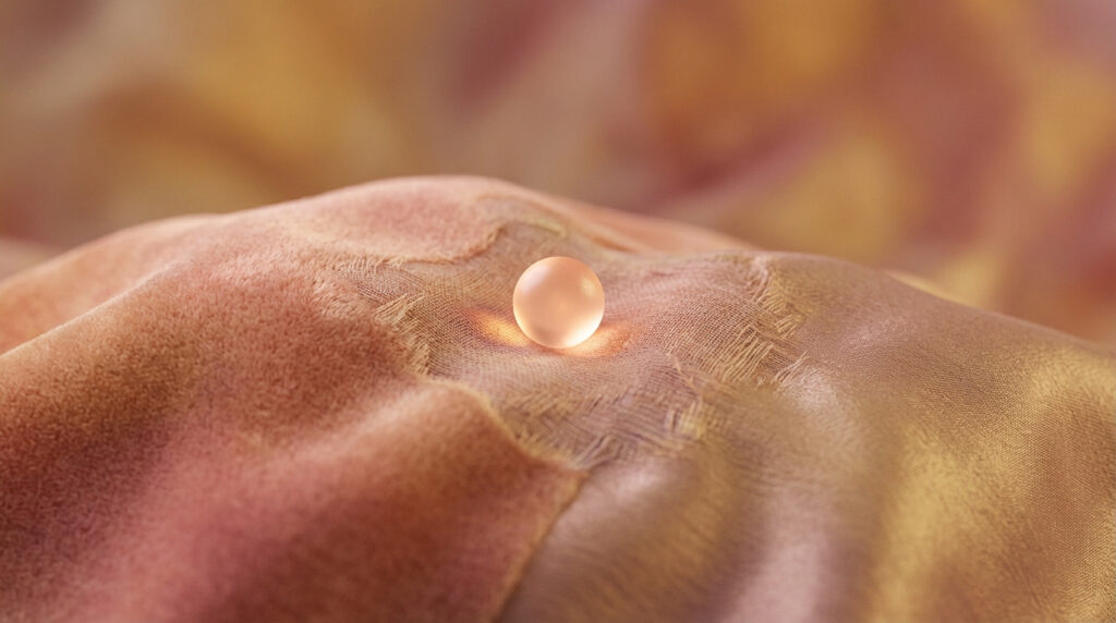 Stylized image of a glowing, translucent embryo on a velvety uterine wall in peach/gold. Surrounding areas show subtle atrophy.