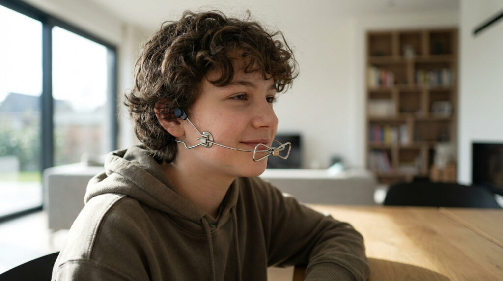 Young individual with curly hair wearing a dental headgear (facebow) in a bright, modern home. Neutral expression, soft lighting.