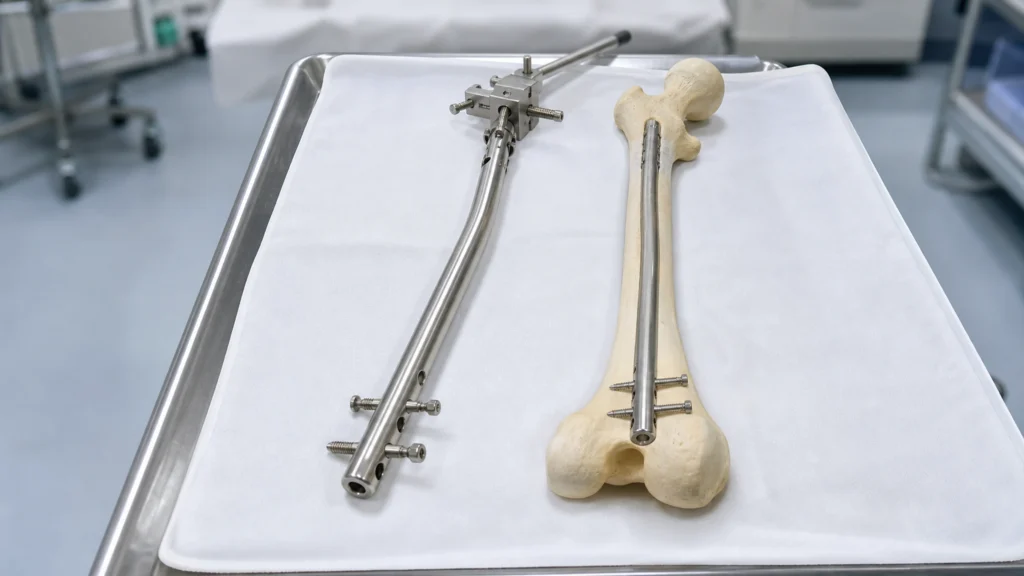 Clou centromédullaire et vis de verrouillage près d’un modèle de fémur