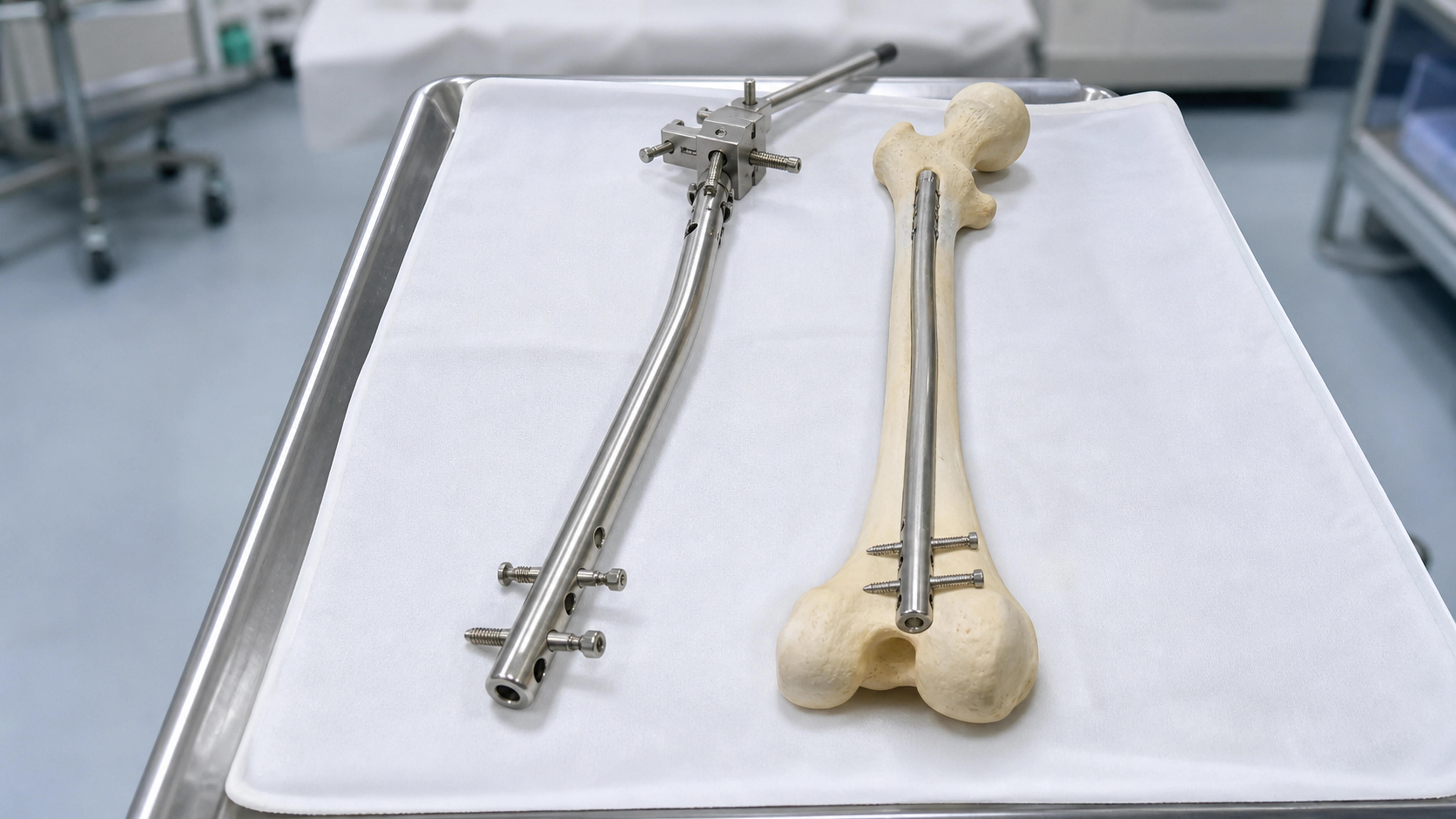 Clou centromédullaire et vis de verrouillage près d’un modèle de fémur