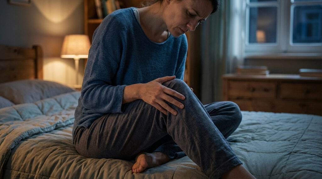 Femme en pull bleu assise sur son lit, les mains sur le genou, visage marqué par la douleur dans une chambre sombre.