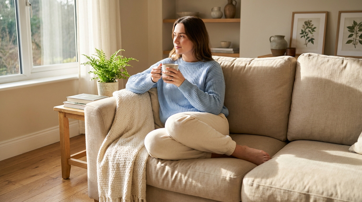 A woman in a light blue sweater sits on a sofa, holding a mug and looking out a sunlit window. A plant and blanket are nearby.