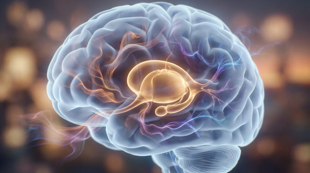 Représentation 3D d'un cerveau humain translucide avec le bulbe olfactif orangé lumineux et des connexions neuronales colorées.