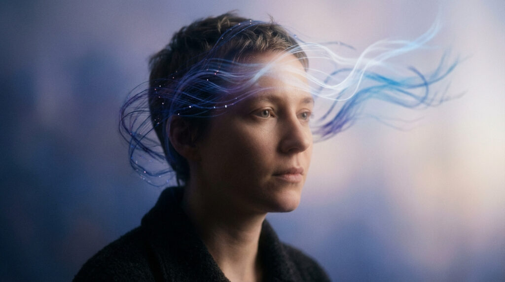 Portrait d'une personne au regard serein, des flux lumineux bleus et violets s'échappant de sa tête, symbolisant les pensées.