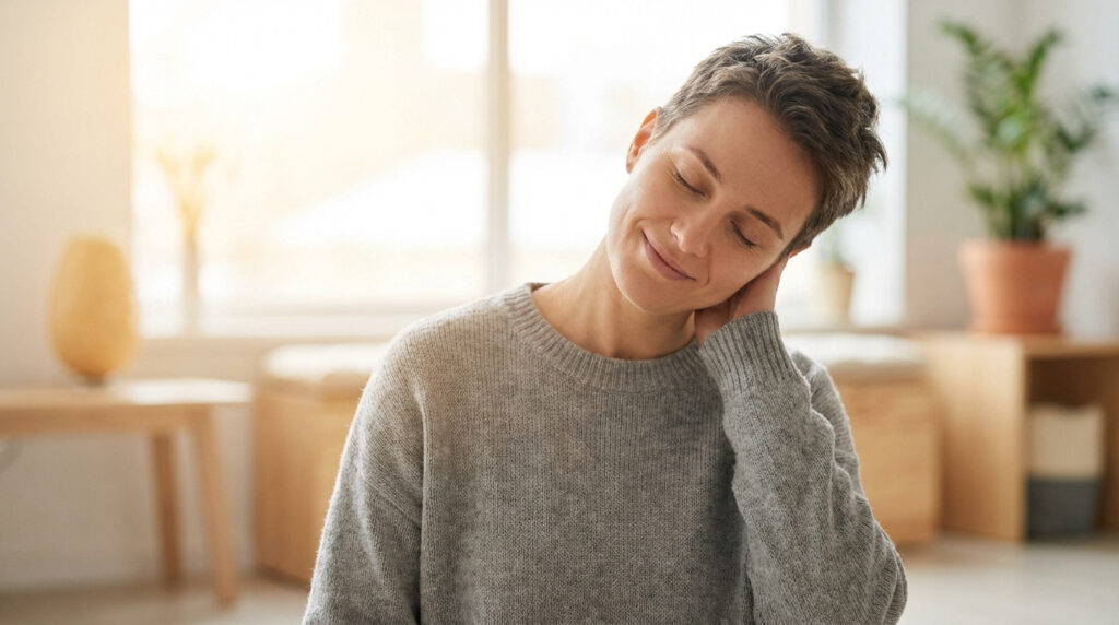 Une femme souriante aux yeux fermés étire sa nuque, une main derrière la tête, dans un intérieur lumineux et apaisant.