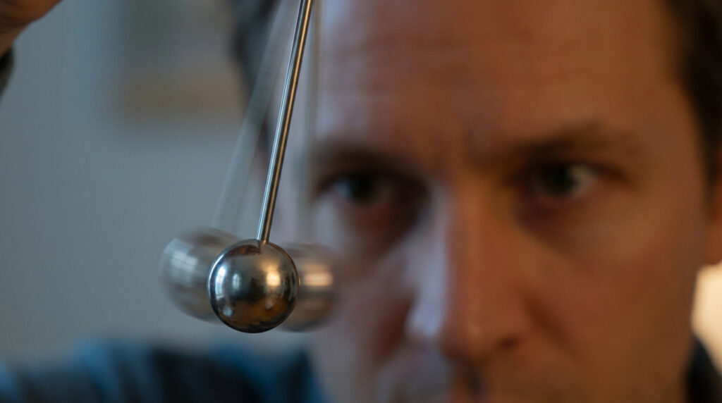 Gros plan sur un pendule métallique en mouvement devant le visage flou d'un homme qui regarde intensément. Suggestion d'hypnose.