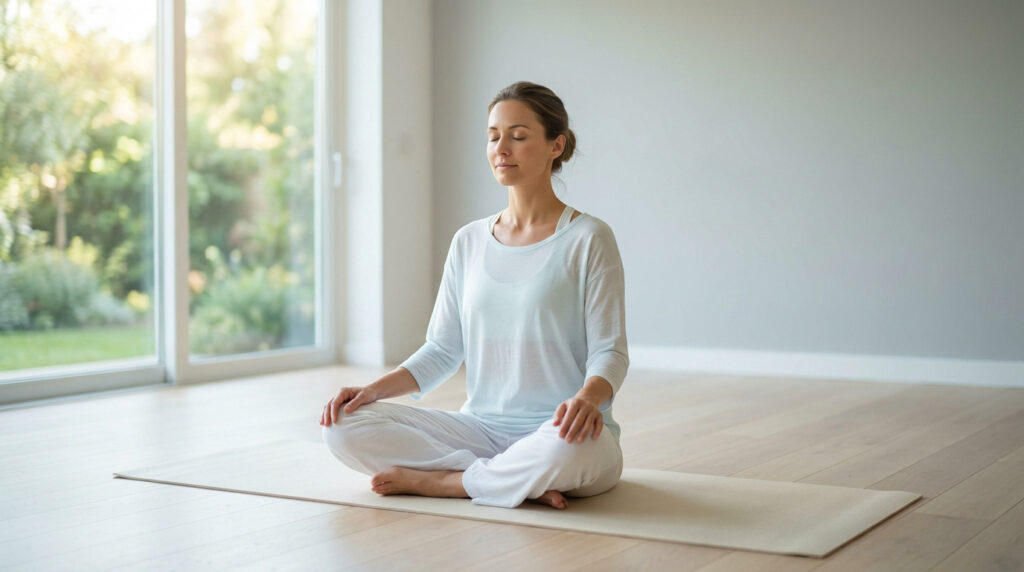 Une femme sereine en tenue de yoga médite les yeux fermés sur un tapis, dans une pièce lumineuse avec vue sur un jardin verdoyant.