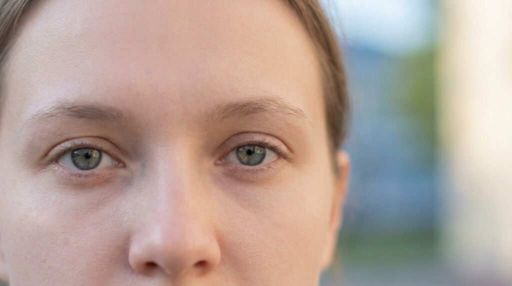Gros plan sur le visage d'une personne aux yeux ouverts. Ses iris sont d'un gris-vert distinct, fixant directement l'objectif.