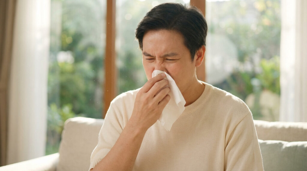 Un homme asiatique éternue dans un mouchoir blanc, les yeux fermés. Des particules de poussière ou de pollen sont visibles dans l'air.