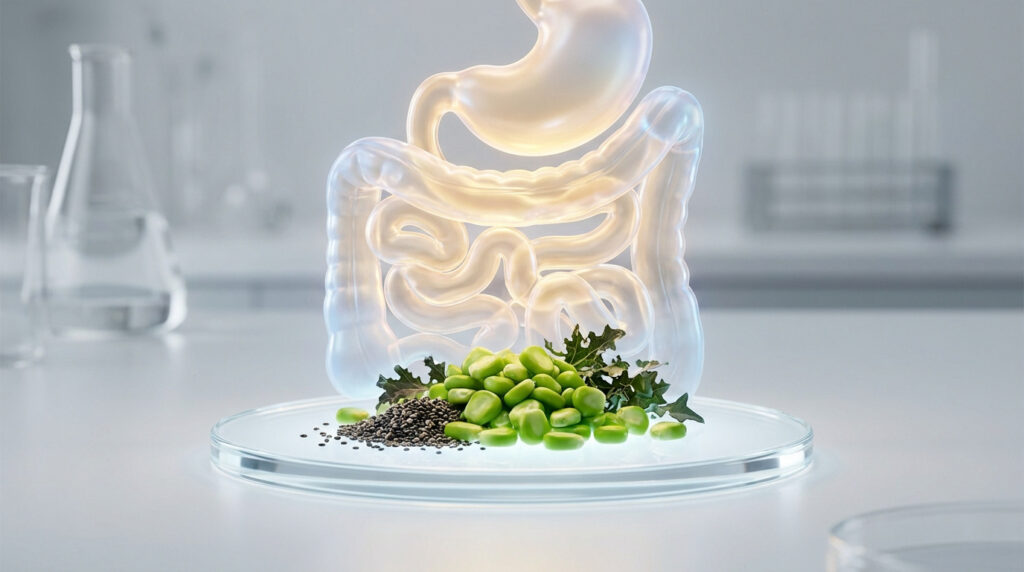 Illustration 3D du système digestif translucide avec des fèves, graines de chia et feuilles sur une boîte de Petri en laboratoire.