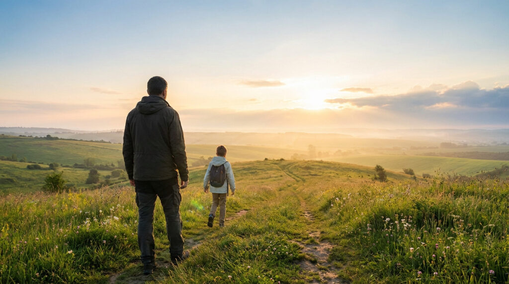 Un homme et un enfant vus de dos marchant sur un sentier en herbe vers un horizon brumeux au lever/coucher du soleil.