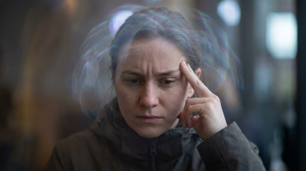Gros plan d'une femme avec le front plissé et un doigt sur la tempe, entourée d'effets lumineux ondulants.