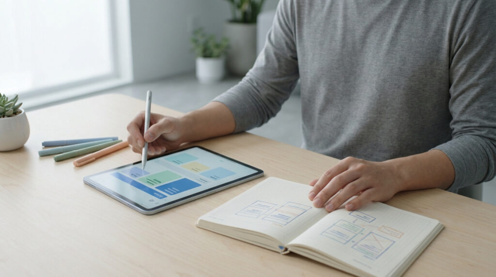 Une personne utilise une tablette avec stylet et un carnet de notes pour organiser ses idées, favorisant la concentration au travail.