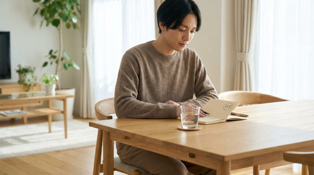 Jeune homme asiatique concentré écrivant dans un carnet à une table en bois clair, avec un verre d'eau.