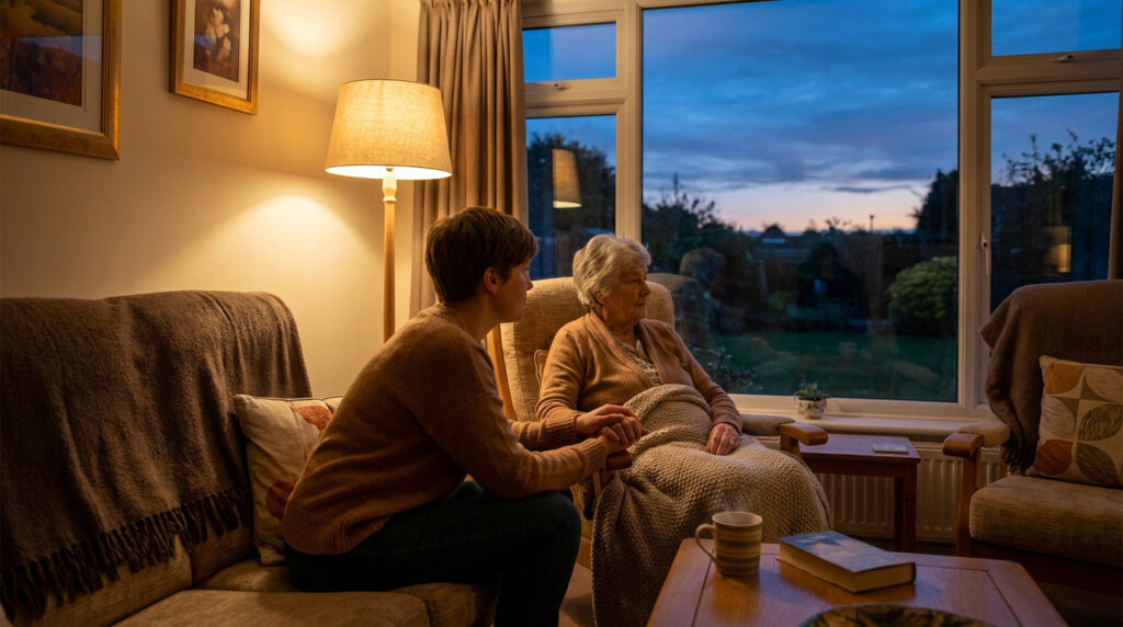 Dans un salon chaleureux, une jeune personne tient la main d'une femme âgée assise, avec la lumière du crépuscule à l'extérieur.