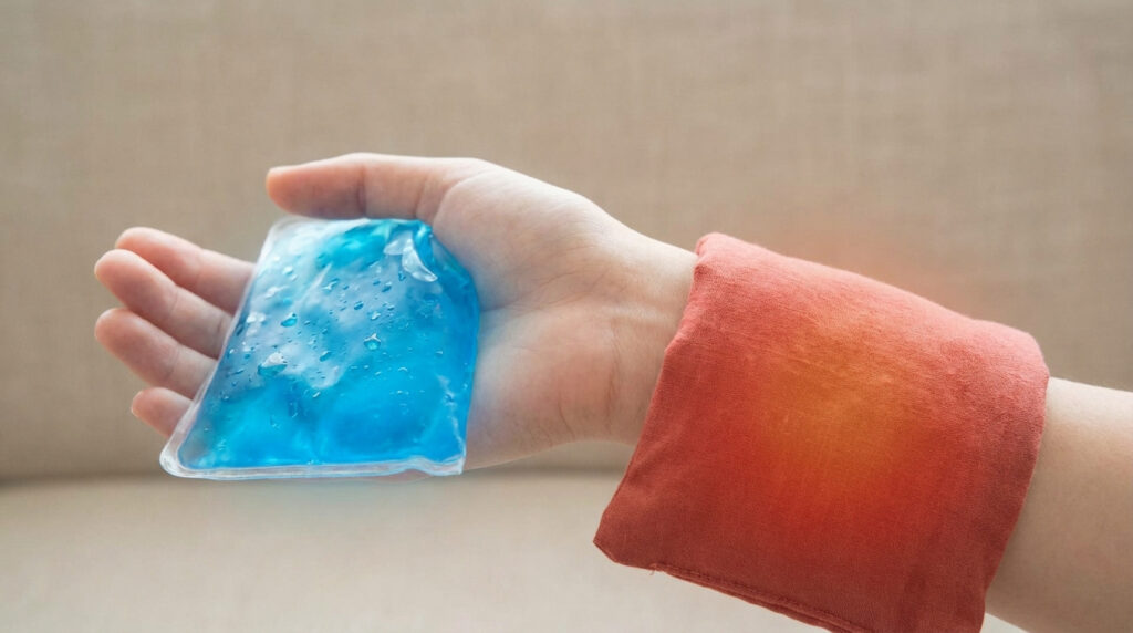 Main appliquant une compresse froide sur la paume, et une compresse chaude autour du poignet pour soulager la douleur.