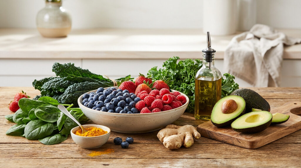 Sur une table en bois, une variété d'aliments anti-inflammatoires: baies, légumes verts, avocat, gingembre, curcuma, huile d'olive.