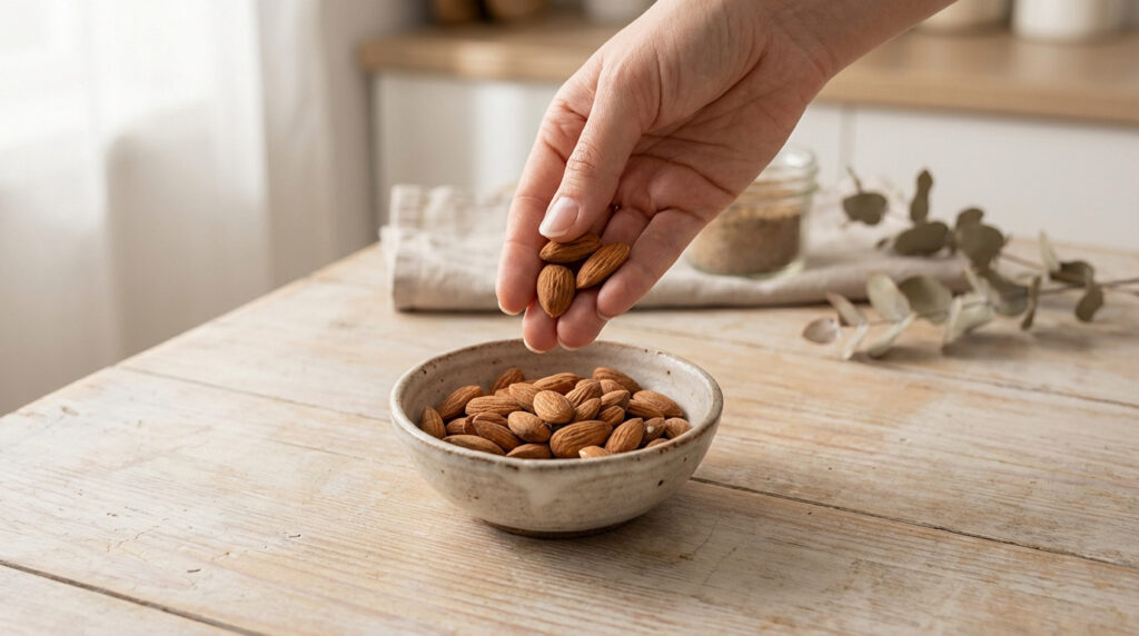 Une main dépose des amandes dans un bol en céramique rempli, sur une table en bois clair. Contexte de cuisine lumineux.
