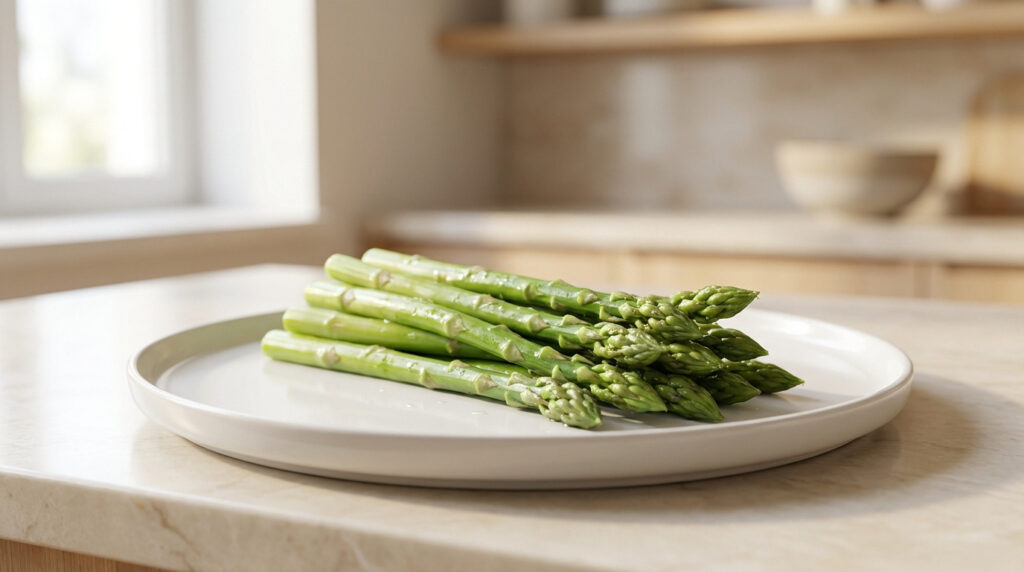 Un bouquet d'asperges vertes fraîches et brillantes est disposé sur une assiette blanche, sur un comptoir clair dans une cuisine lumineuse.