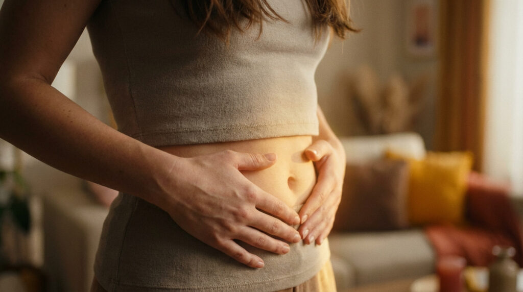 Femme aux mains posées sur son ventre, évoquant inconfort ou sensation de chaleur liée à la constipation.