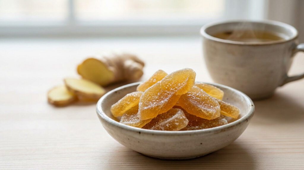 Bol de gingembre confit et saupoudré de sucre, racines de gingembre frais et tasse de tisane fumante sur table en bois clair.