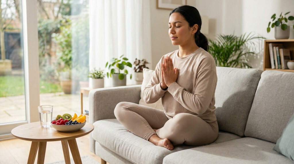 Une femme médite sur un canapé, près d'une assiette de fruits frais et un verre d'eau, illustrant la perte de poids sans sport.