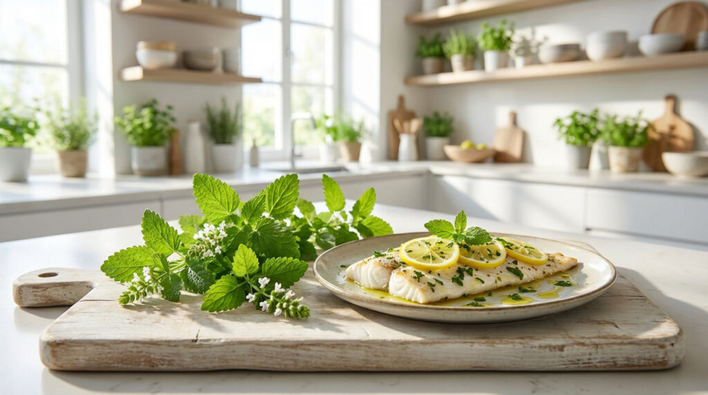Mélisse fraîche et un plat de poisson au citron garni d'herbes, sur une planche dans une cuisine moderne et lumineuse.