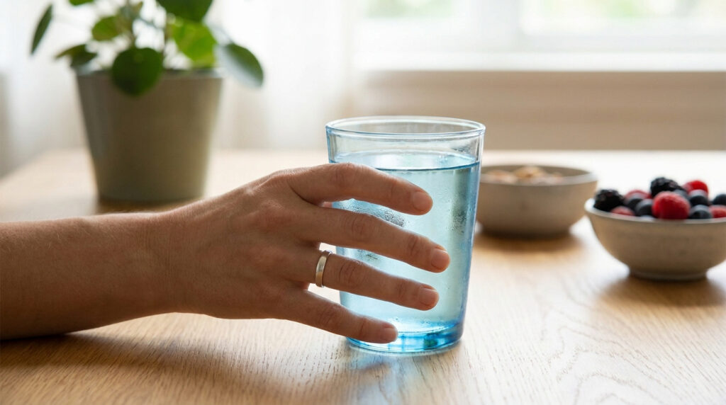 Une main tenant un verre d'eau sur une table avec des baies en arrière-plan.