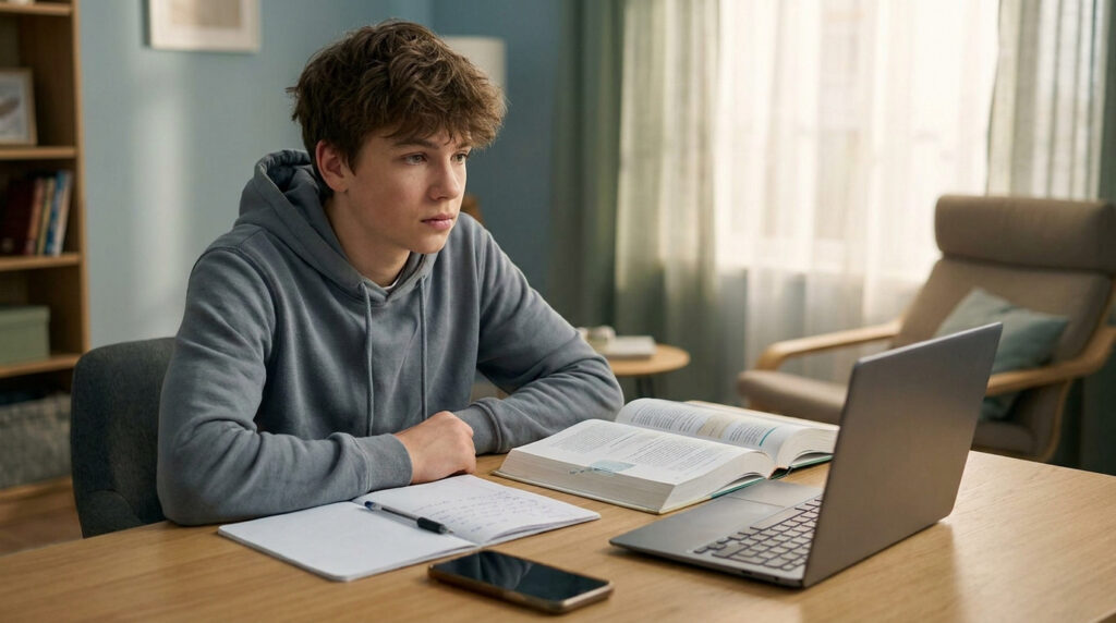 Un adolescent aux cheveux bruns portant un sweat-shirt gris est assis à son bureau et travaille sur son ordinateur portable.