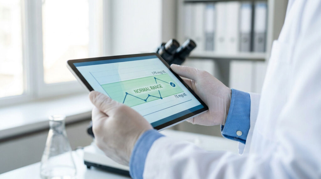 Un professionnel de santé examine un graphique de résultats sanguins dans la plage normale sur une tablette numérique.
