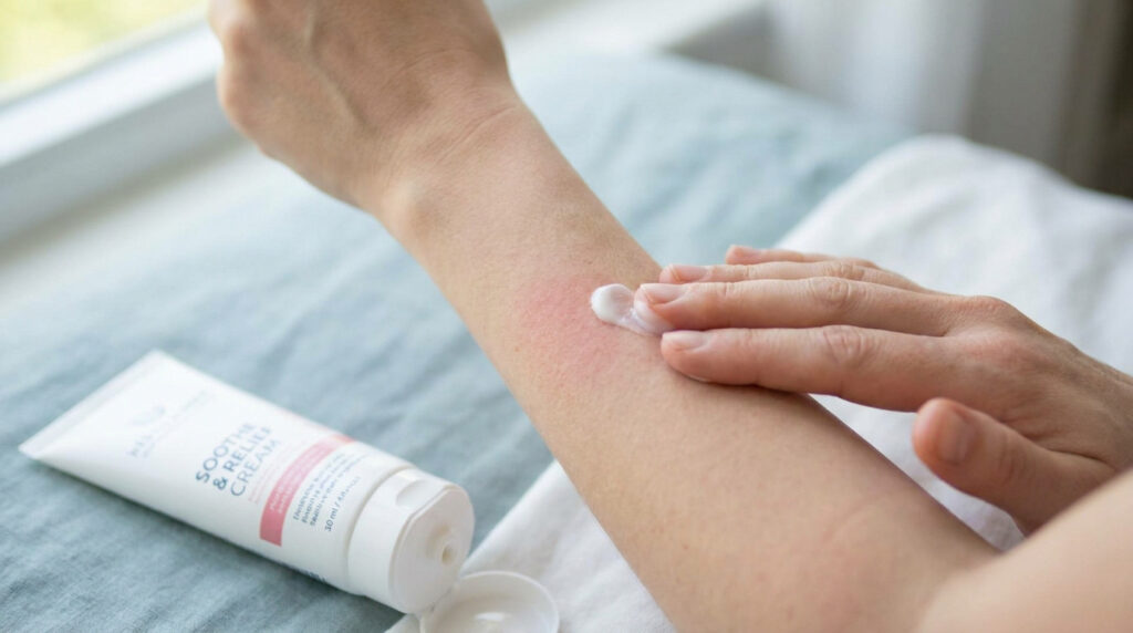 Une personne applique une crème apaisante sur une zone de peau rouge et irritée sur son avant-bras.