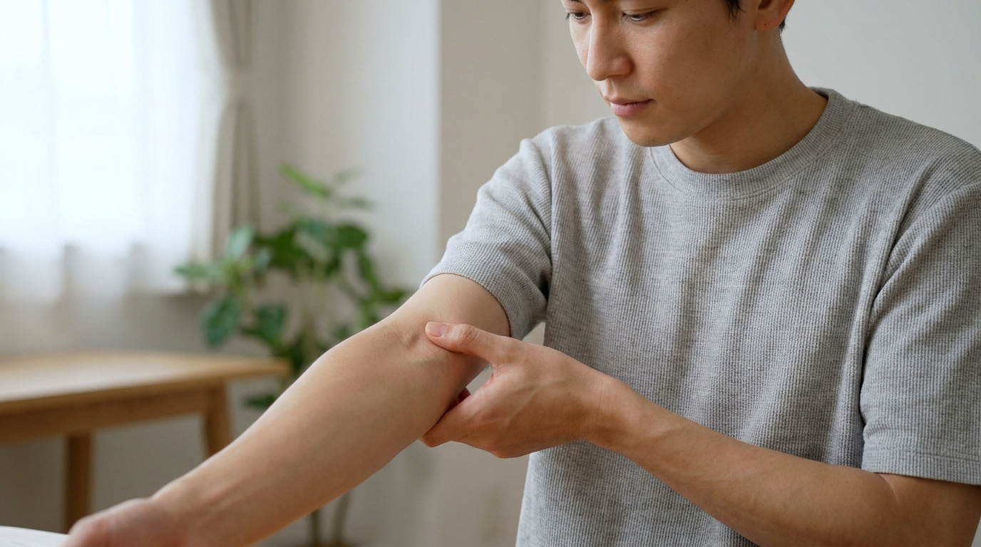 Un homme se masse le muscle long supinateur sur l'avant-bras pour soulager une douleur.