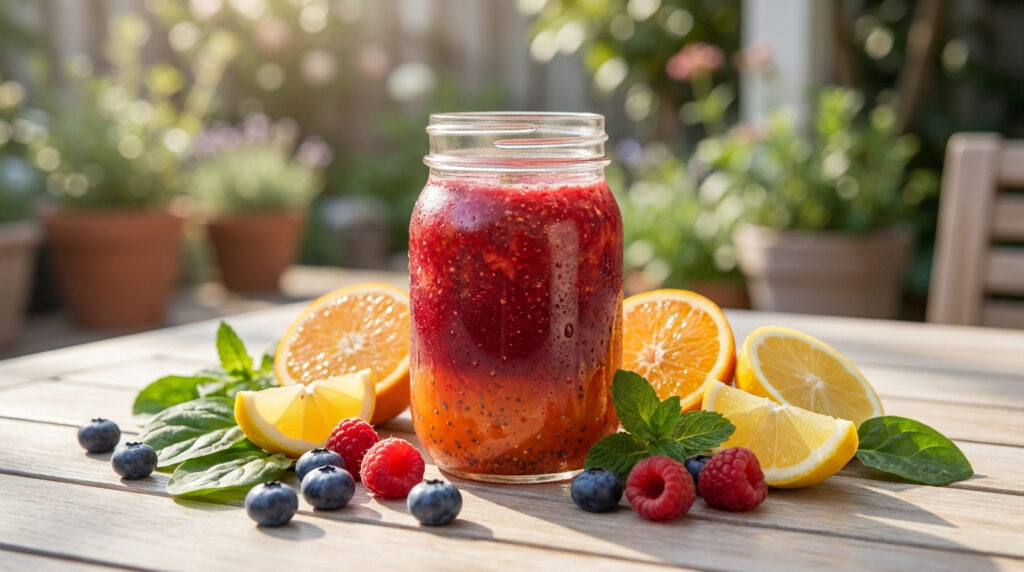 Un smoothie rouge vibrant dans un bocal en verre, entouré de myrtilles, framboises, tranches d'orange et de citron.
